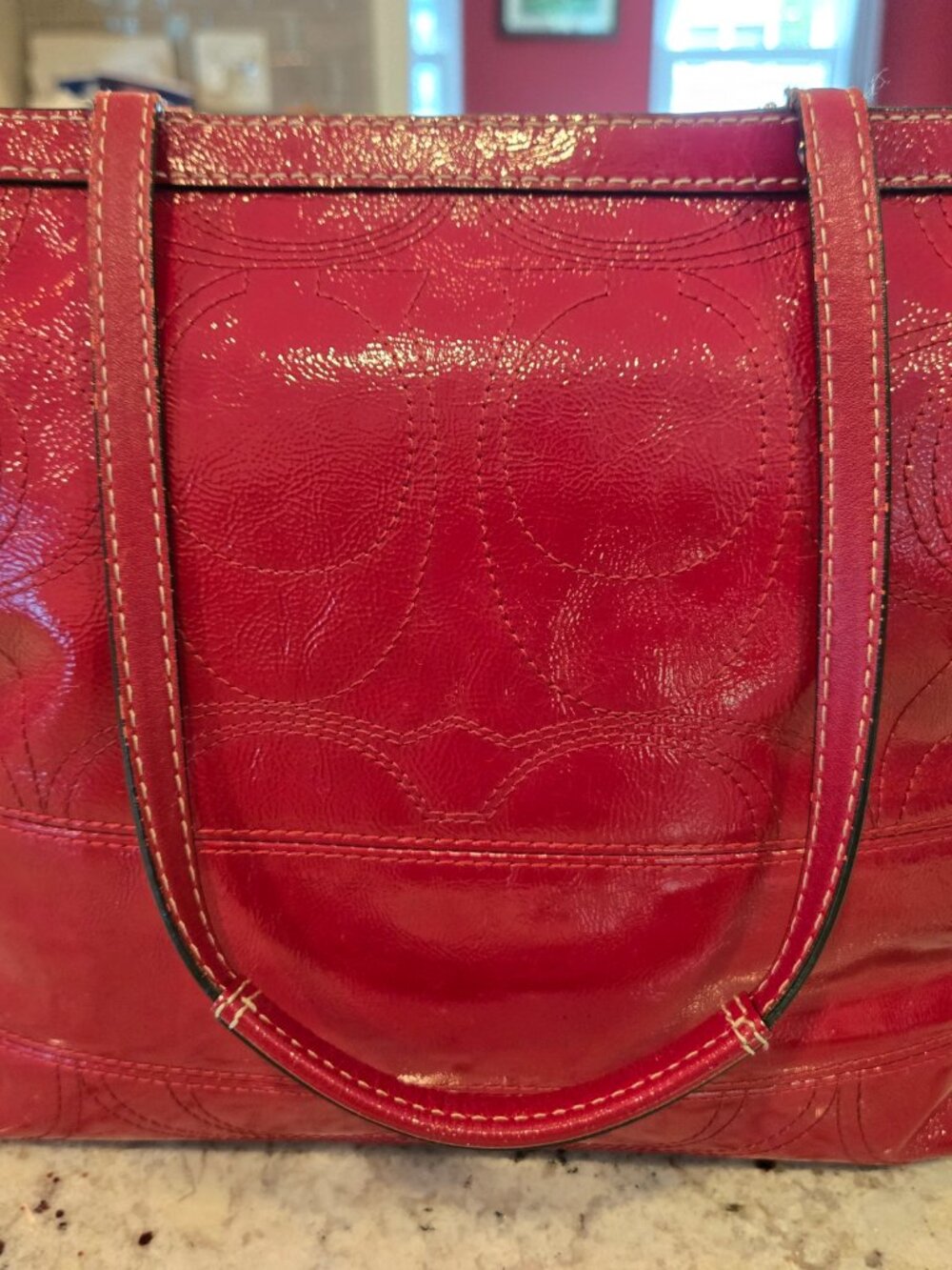 Coach F15142 Red Patent Leather Signature Embossed Tote Bag Crimson - Picture 7 of 8
